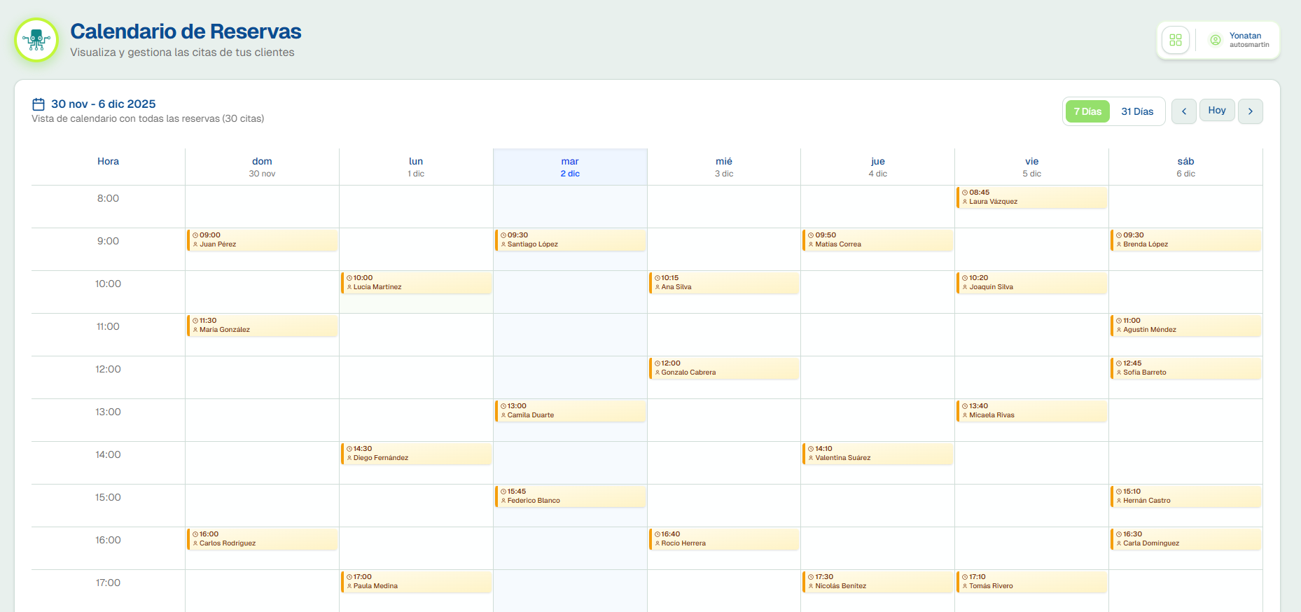 Vista de calendario de reservas